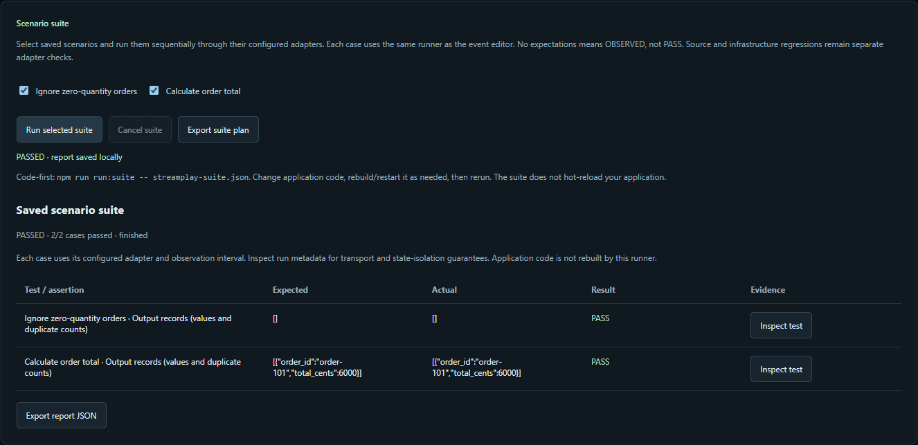 StreamPlay showing two passing order-processing tests with expected and actual JSON and per-test inspection buttons